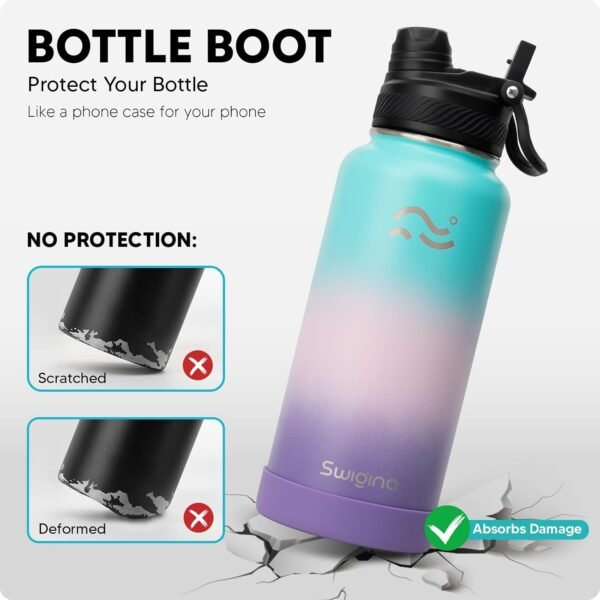 Swigina [2-IN-1 LID] Insulated Water Bottle with Silicone Boot (36hrs Cold/18hrs Hot) - DIY Stickers, Leakproof, BPA Free, 24 oz