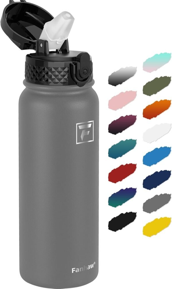 Fanhaw 20 Oz Stainless Steel Insulated Sports Water Bottles with Straw for Kids, Men and Women (Black)