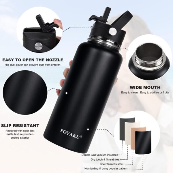 Water Bottle Insulated 32oz 40oz 64oz 128oz Straw Lid Spout Lid & 3 Lids, Leak Proof, Vacuum Insulated,Stainless Steel Water Bottle Wide Mouth for Sports, Gym or Office