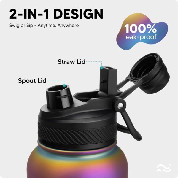 Swigina [2-IN-1 LID] Insulated Water Bottle with Silicone Boot (36hrs Cold/18hrs Hot) - DIY Stickers, Leakproof, BPA Free, 24 oz