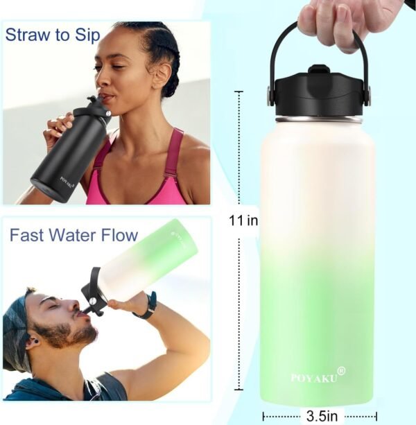 Water Bottle Insulated 32oz 40oz 64oz 128oz Straw Lid Spout Lid & 3 Lids, Leak Proof, Vacuum Insulated,Stainless Steel Water Bottle Wide Mouth for Sports, Gym or Office