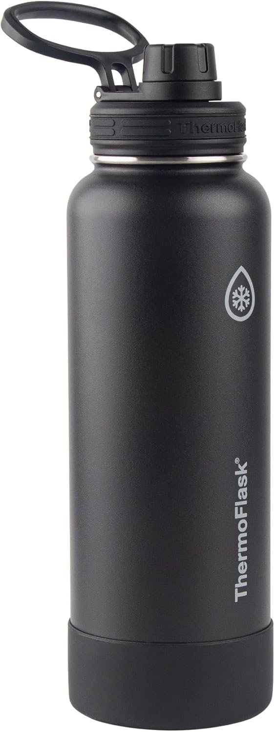 ThermoFlask Bottle with Spout Lid - Stainless Steel Water Bottles with Double-Wall Insulation & BPA-Free Spout Lids - Leak-Proof Reusable Bottles & Lids - 24 oz, Mayan Blue/Black (2 Pack)