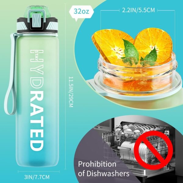 QLUR Water Bottle with Straw, 32oz Motivational Water Bottles with Time Marker to Drink, Tritan BPA Free, 1L Sports Water Bottle with Carry Strap LeakProof for Women Gym Fitness Outdoor (1 Pack)