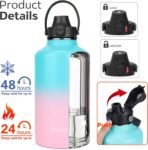 Water Bottle Insulated 32oz 40oz 64oz 128oz Straw Lid Spout Lid & 3 Lids, Leak Proof, Vacuum Insulated,Stainless Steel Water Bottle Wide Mouth for Sports, Gym or Office