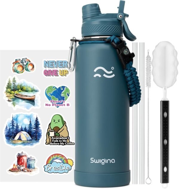 Swigina [2-IN-1 LID] Insulated Water Bottle with Silicone Boot (36hrs Cold/18hrs Hot) - DIY Stickers, Leakproof, BPA Free, 24 oz