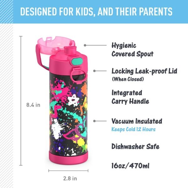 THERMOS FUNTAINER 16 Ounce Stainless Steel Vacuum Insulated Bottle with Wide Spout Lid, Galaxy Teal