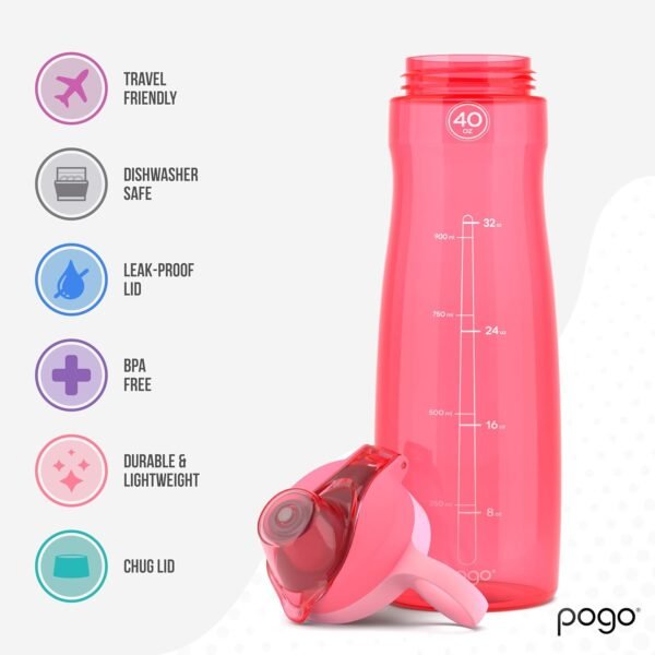 Pogo Plastic Water Bottle with Chug Lid and Carry Handle, Reusable, BPA Free, Dishwasher Safe, Perfect for Travel, School, Outdoors, and Gym | 18oz, 32oz, 40oz, 64oz