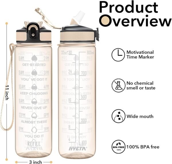 Hyeta 32 oz Water Bottles with Times to Drink and Straw, Motivational Water Bottle with Time Marker, Leakproof, Drinking Sports Water Bottle for Fitness, Gym and Outdoor