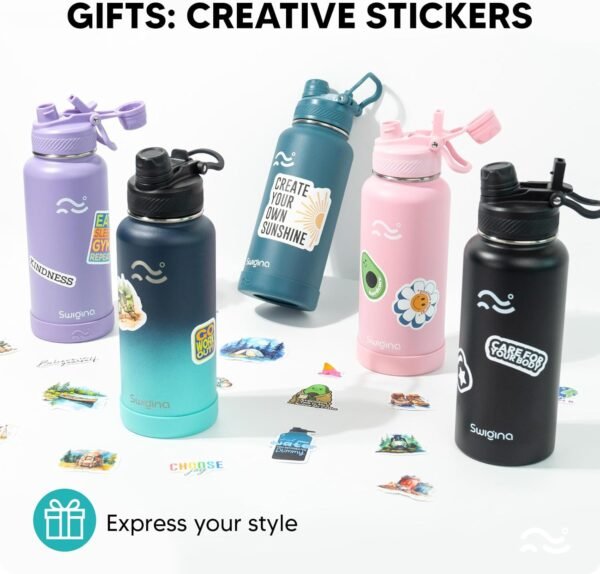 Swigina [2-IN-1 LID] Insulated Water Bottle with Silicone Boot (36hrs Cold/18hrs Hot) - DIY Stickers, Leakproof, BPA Free, 24 oz