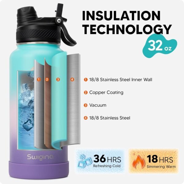 Swigina [2-IN-1 LID] Insulated Water Bottle with Silicone Boot (36hrs Cold/18hrs Hot) - DIY Stickers, Leakproof, BPA Free, 24 oz