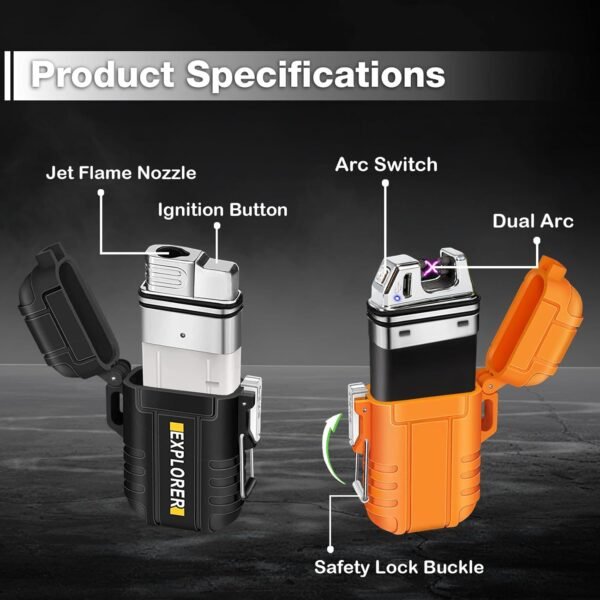 2 Pack Waterproof Lighter Outdoor Windproof Torch Lighters Dual Arc Butane Electric Lighters USB Rechargeable Lighters Flameless Plasma Lighter Camping Hiking Adventure Survival Tactical Gear