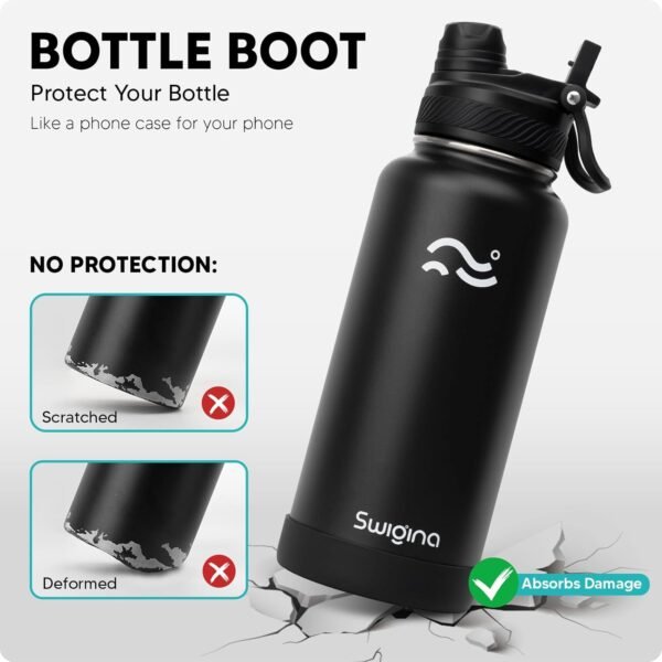 Swigina [2-IN-1 LID] Insulated Water Bottle with Silicone Boot (36hrs Cold/18hrs Hot) - DIY Stickers, Leakproof, BPA Free, 24 oz