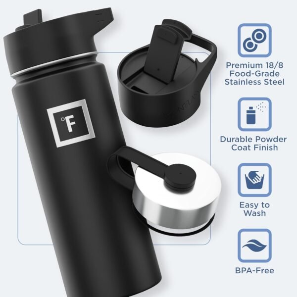 IRON °FLASK Camping & Hiking Hydration Flask with 3 Lids - Stainless Steel, Double Walled & Vacuum Insulated Water Bottle - Leak Proof & BPA Free (Midnight Black, Straw - 40 oz)