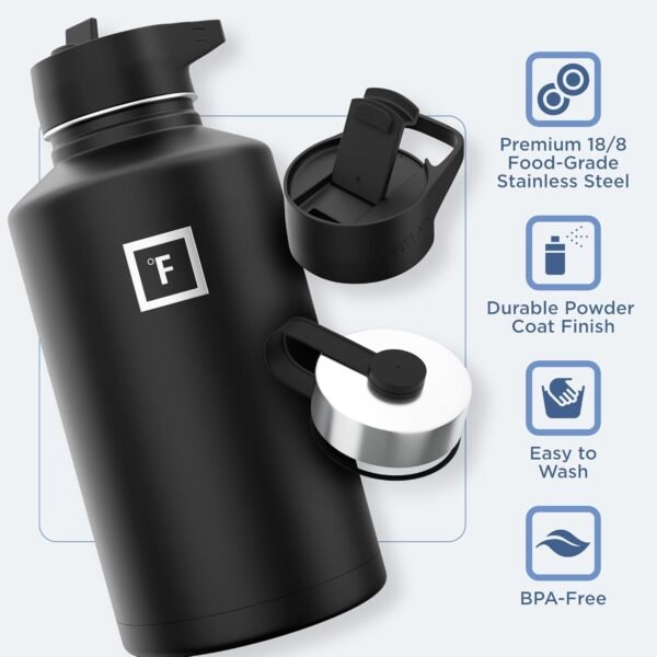 IRON °FLASK Camping & Hiking Hydration Flask with 3 Lids - Stainless Steel, Double Walled & Vacuum Insulated Water Bottle - Leak Proof & BPA Free (Midnight Black, Straw - 40 oz)