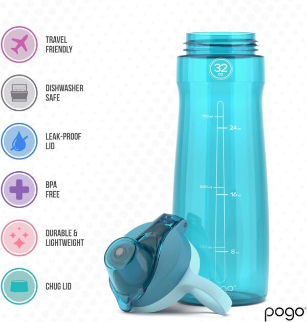 Pogo Plastic Water Bottle with Chug Lid and Carry Handle, Reusable, BPA Free, Dishwasher Safe, Perfect for Travel, School, Outdoors, and Gym | 18oz, 32oz, 40oz, 64oz