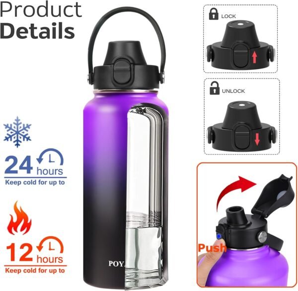 Water Bottle Insulated 32oz 40oz 64oz 128oz Straw Lid Spout Lid & 3 Lids, Leak Proof, Vacuum Insulated,Stainless Steel Water Bottle Wide Mouth for Sports, Gym or Office