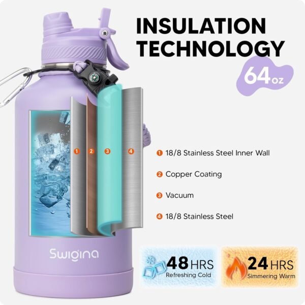 Swigina [2-IN-1 LID] Insulated Water Bottle with Silicone Boot (36hrs Cold/18hrs Hot) - DIY Stickers, Leakproof, BPA Free, 24 oz