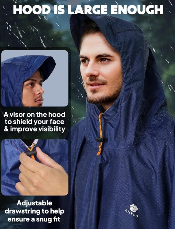 ANYOO Hooded Rain Poncho for Adults Waterproof Lightweight Rain Coat for Men Women Reusable Rain Jacket for Emergency Outdoor