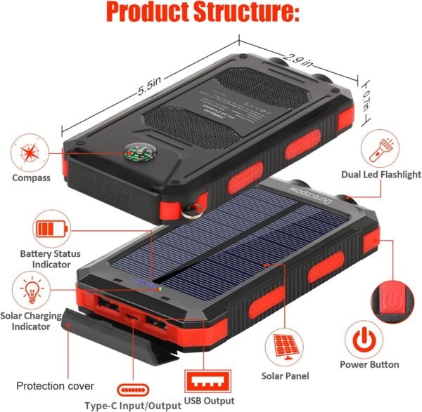Solar Charger Power Bank, 20000mAh Portable Outdoor Waterproof Solar Battery Charger, Camping External Backup Battery Pack USB C Ports Input/Output, 2 Led Light Flashlight with Compass (Orange)