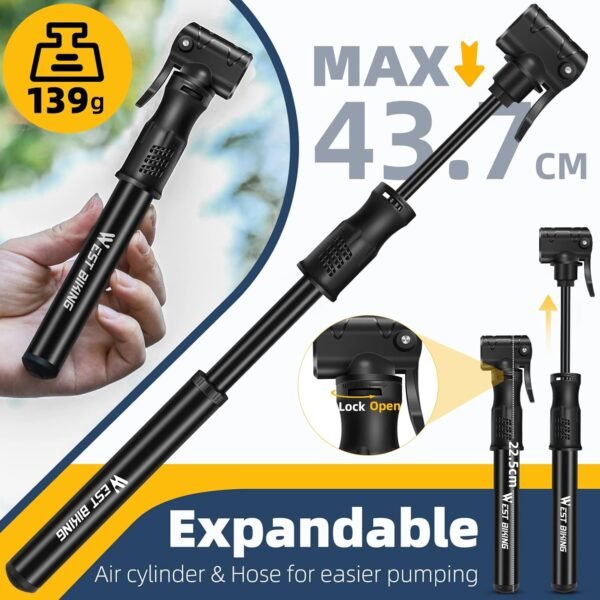 Bicycle Pump Mini Bike Pump - Aluminum Alloy Cycle Pump for Presta & Schrader Valve, Portable Lightweight Bike Tyre Pump Fast Tyre Inflation Mini Air Pump for Mountain Road Bike Ball Pump