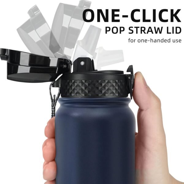 Fanhaw 20 Oz Stainless Steel Insulated Sports Water Bottles with Straw for Kids, Men and Women (Black)