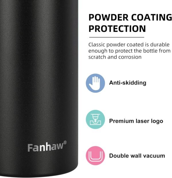 Fanhaw 20 Oz Stainless Steel Insulated Sports Water Bottles with Straw for Kids, Men and Women (Black)