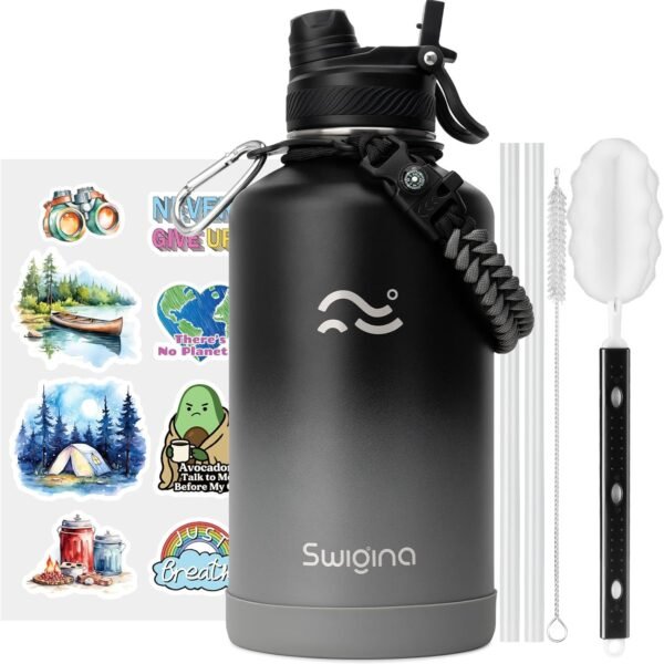Swigina [2-IN-1 LID] Insulated Water Bottle with Silicone Boot (36hrs Cold/18hrs Hot) - DIY Stickers, Leakproof, BPA Free, 24 oz