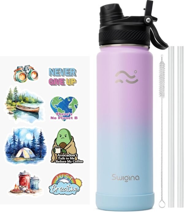 Swigina [2-IN-1 LID] Insulated Water Bottle with Silicone Boot (36hrs Cold/18hrs Hot) - DIY Stickers, Leakproof, BPA Free, 24 oz