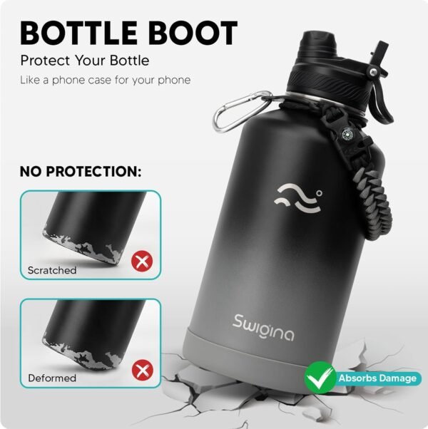 Swigina [2-IN-1 LID] Insulated Water Bottle with Silicone Boot (36hrs Cold/18hrs Hot) - DIY Stickers, Leakproof, BPA Free, 24 oz