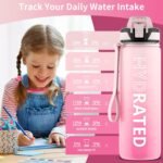 QLUR Water Bottle with Straw, 32oz Motivational Water Bottles with Time Marker to Drink, Tritan BPA Free, 1L Sports Water Bottle with Carry Strap LeakProof for Women Gym Fitness Outdoor (1 Pack)