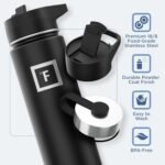 IRON °FLASK Camping & Hiking Hydration Flask with 3 Lids - Stainless Steel, Double Walled & Vacuum Insulated Water Bottle - Leak Proof & BPA Free (Midnight Black, Straw - 40 oz)