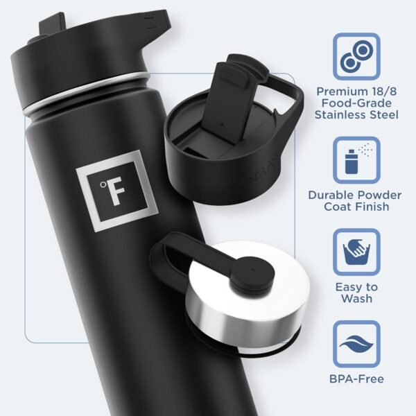 IRON °FLASK Camping & Hiking Hydration Flask with 3 Lids - Stainless Steel, Double Walled & Vacuum Insulated Water Bottle - Leak Proof & BPA Free (Midnight Black, Straw - 40 oz)