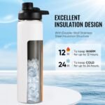 Fijinhom 24 oz Insulated Water Bottle with Handle, 304 Stainless Steel Water Bottles with Wide Mouth, Double Wall Vacuum Sports Water Bottle, BPA Free, Keep Cold and Hot, Black