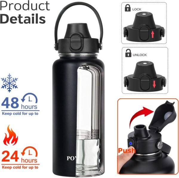 Water Bottle Insulated 32oz 40oz 64oz 128oz Straw Lid Spout Lid & 3 Lids, Leak Proof, Vacuum Insulated,Stainless Steel Water Bottle Wide Mouth for Sports, Gym or Office