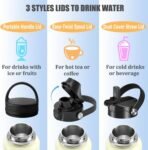 Water Bottle Insulated 32oz 40oz 64oz 128oz Straw Lid Spout Lid & 3 Lids, Leak Proof, Vacuum Insulated,Stainless Steel Water Bottle Wide Mouth for Sports, Gym or Office