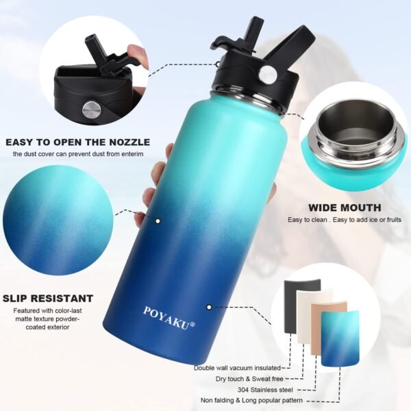 Water Bottle Insulated 32oz 40oz 64oz 128oz Straw Lid Spout Lid & 3 Lids, Leak Proof, Vacuum Insulated,Stainless Steel Water Bottle Wide Mouth for Sports, Gym or Office
