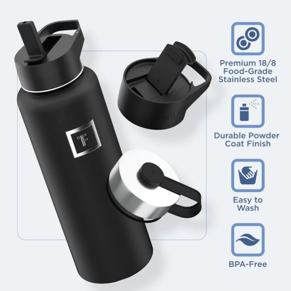 IRON °FLASK Camping & Hiking Hydration Flask with 3 Lids - Stainless Steel, Double Walled & Vacuum Insulated Water Bottle - Leak Proof & BPA Free (Midnight Black, Straw - 40 oz)