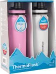 ThermoFlask Bottle with Spout Lid - Stainless Steel Water Bottles with Double-Wall Insulation & BPA-Free Spout Lids - Leak-Proof Reusable Bottles & Lids - 24 oz, Mayan Blue/Black (2 Pack)