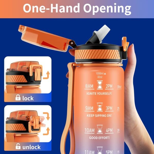 QLUR Water Bottle with Straw, 32oz Motivational Water Bottles with Time Marker to Drink, Tritan BPA Free, 1L Sports Water Bottle with Carry Strap LeakProof for Women Gym Fitness Outdoor (1 Pack)