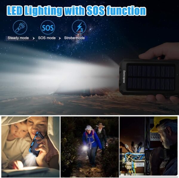 Solar Charger Power Bank, 20000mAh Portable Outdoor Waterproof Solar Battery Charger, Camping External Backup Battery Pack USB C Ports Input/Output, 2 Led Light Flashlight with Compass (Orange)