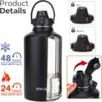 Water Bottle Insulated 32oz 40oz 64oz 128oz Straw Lid Spout Lid & 3 Lids, Leak Proof, Vacuum Insulated,Stainless Steel Water Bottle Wide Mouth for Sports, Gym or Office