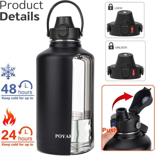 Water Bottle Insulated 32oz 40oz 64oz 128oz Straw Lid Spout Lid & 3 Lids, Leak Proof, Vacuum Insulated,Stainless Steel Water Bottle Wide Mouth for Sports, Gym or Office