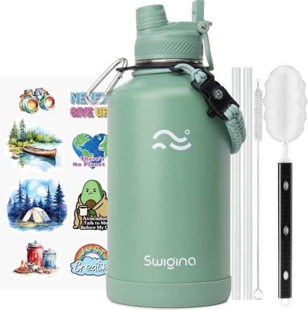 Swigina [2-IN-1 LID] Insulated Water Bottle with Silicone Boot (36hrs Cold/18hrs Hot) - DIY Stickers, Leakproof, BPA Free, 24 oz