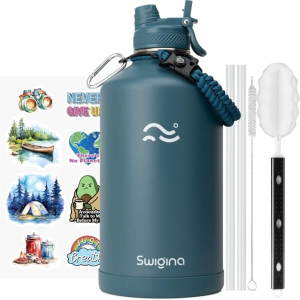 Swigina [2-IN-1 LID] Insulated Water Bottle with Silicone Boot (36hrs Cold/18hrs Hot) - DIY Stickers, Leakproof, BPA Free, 24 oz