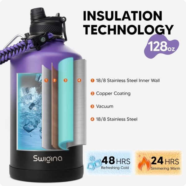 Swigina [2-IN-1 LID] Insulated Water Bottle with Silicone Boot (36hrs Cold/18hrs Hot) - DIY Stickers, Leakproof, BPA Free, 24 oz