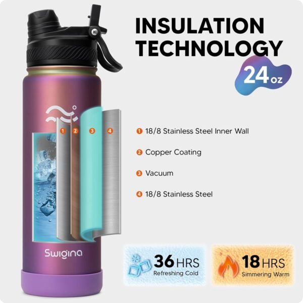 Swigina [2-IN-1 LID] Insulated Water Bottle with Silicone Boot (36hrs Cold/18hrs Hot) - DIY Stickers, Leakproof, BPA Free, 24 oz