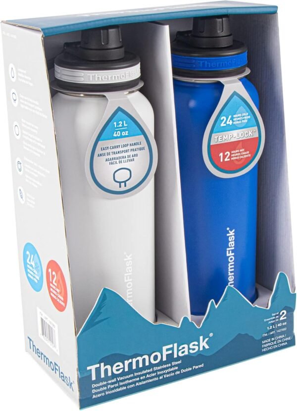 ThermoFlask Bottle with Spout Lid - Stainless Steel Water Bottles with Double-Wall Insulation & BPA-Free Spout Lids - Leak-Proof Reusable Bottles & Lids - 24 oz, Mayan Blue/Black (2 Pack)