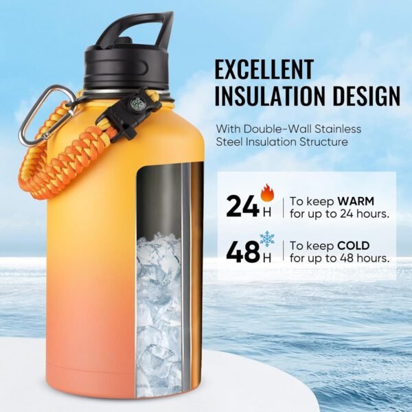 Fijinhom 24 oz Insulated Water Bottle with Handle, 304 Stainless Steel Water Bottles with Wide Mouth, Double Wall Vacuum Sports Water Bottle, BPA Free, Keep Cold and Hot, Black