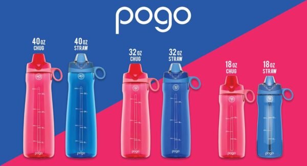 Pogo Plastic Water Bottle with Chug Lid and Carry Handle, Reusable, BPA Free, Dishwasher Safe, Perfect for Travel, School, Outdoors, and Gym | 18oz, 32oz, 40oz, 64oz