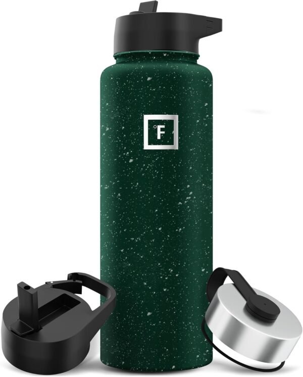 IRON °FLASK Camping & Hiking Hydration Flask with 3 Lids - Stainless Steel, Double Walled & Vacuum Insulated Water Bottle - Leak Proof & BPA Free (Midnight Black, Straw - 40 oz)